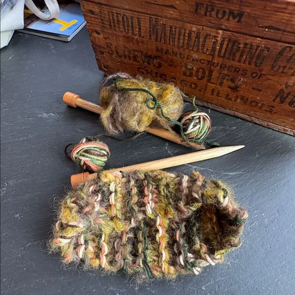 Handmade three strand mohair and wool brown green gold coral cream moss headband